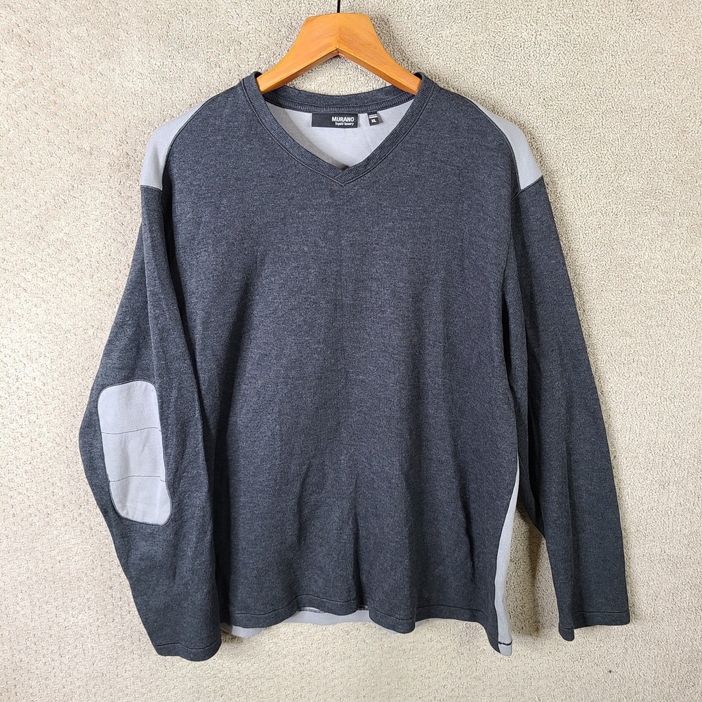 Murano Sweater Mens XL Gray Liquid Luxury Pullover‎ V Neck Cotton Elbow Patches
